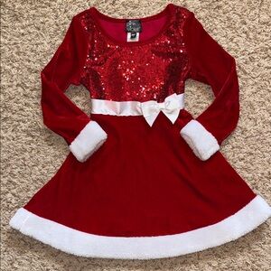 Size 5 girls red Mrs. Claus dress with sequins, bow and faux fur trim.